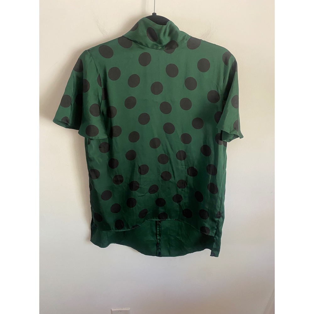 Zara Woman Green Black Polka Dot Tie Neck Satin Blouse Short Sleeve XS‎